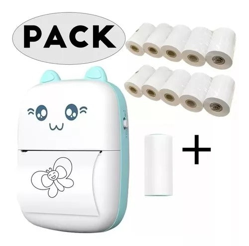 Mini impresora portátil Bluetooth modelo de gatito + 10 rollos de cambio